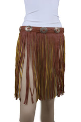Women Brown Skirt Faux Leather Wrap Around Fashion Belt Concho Charms Size S M