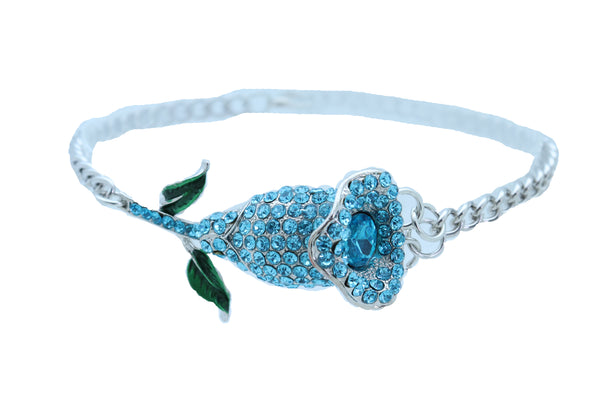 Women Fashion Silver Metal Chain Boot Bracelet Shoe Anklet Sky Light Blue Flower Charm One Size