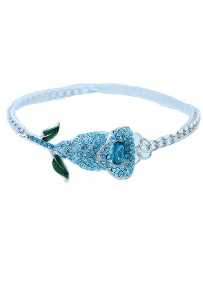 Brand New Women Fashion Silver Metal Chain Boot Bracelet Shoe Anklet Sky Blue Flower Charm