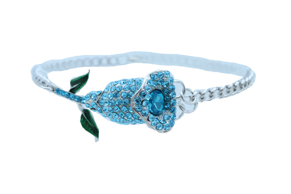 Women Fashion Silver Metal Chain Boot Bracelet Shoe Anklet Sky Light Blue Flower Charm One Size