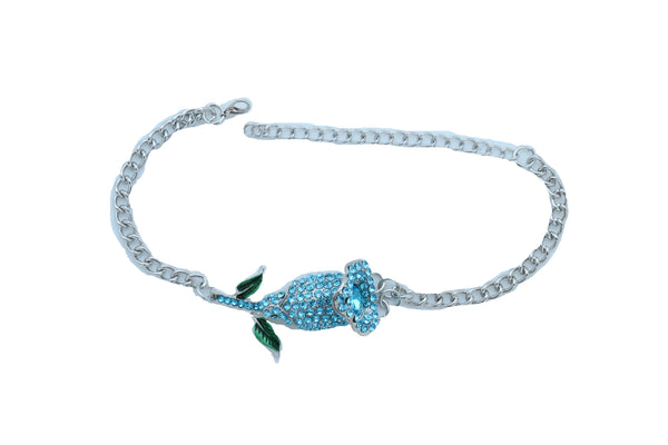 Women Fashion Silver Metal Chain Boot Bracelet Shoe Anklet Sky Light Blue Flower Charm One Size