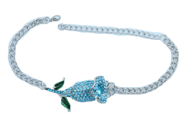 Women Fashion Silver Metal Chain Boot Bracelet Shoe Anklet Sky Light Blue Flower Charm One Size