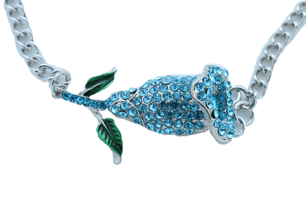 Brand New Women Fashion Silver Metal Chain Boot Bracelet Shoe Anklet Sky Blue Flower Charm