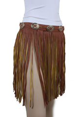 Women Brown Skirt Faux Leather Wrap Around Fashion Belt Concho Charms Size S M