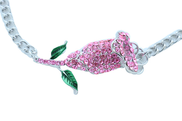 Women Silver Metal Chain Collection Boot Bracelet Shoe Pink Flower Elegant Charm One Size