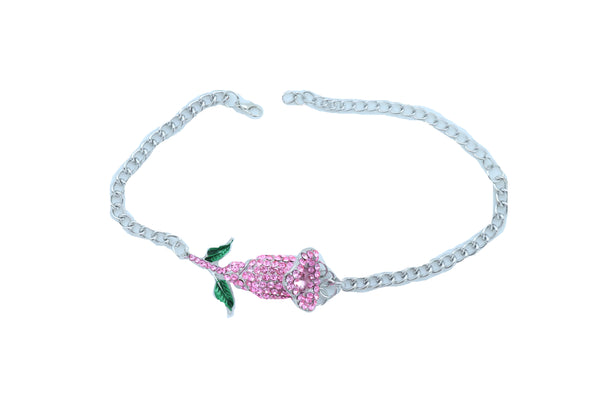Women Silver Metal Chain Collection Boot Bracelet Shoe Pink Flower Elegant Charm One Size