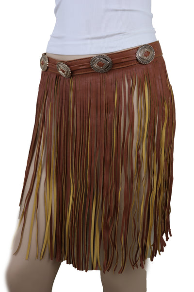 Brand New Women Brown Skirt Faux Leather Wrap Around Fashion Belt Concho Charms Size S M