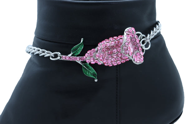 Women Silver Metal Chain Collection Boot Bracelet Shoe Pink Flower Elegant Charm One Size
