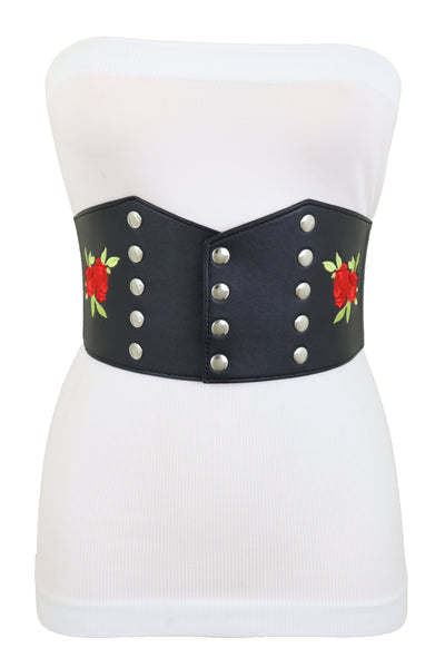 Brand New Women Wide Black Faux Leather Fashion Elastic Corset Belt Red Rose Flower S M