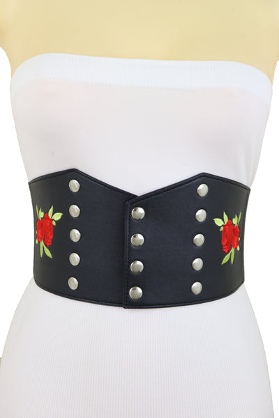 Brand New Women Wide Black Faux Leather Fashion Elastic Corset Belt Red Rose Flower S M