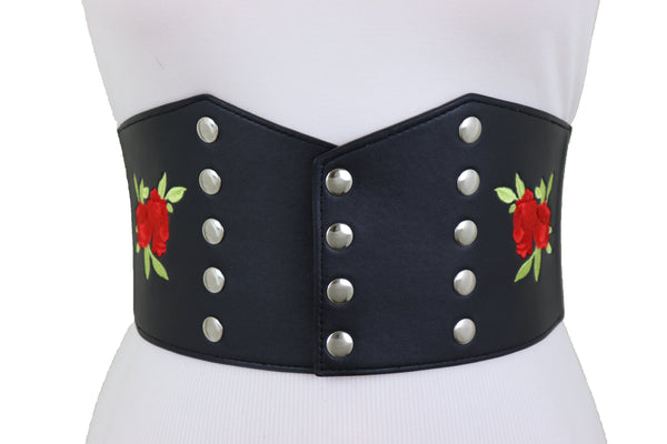 Brand New Women Wide Black Faux Leather Fashion Elastic Corset Belt Red Rose Flower S M