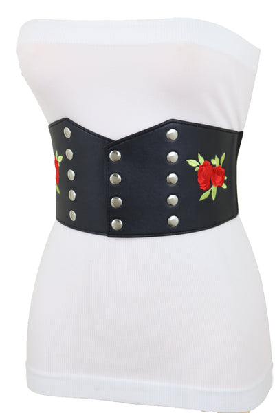 Brand New Women Wide Black Faux Leather Fashion Elastic Corset Belt Red Rose Flower S M