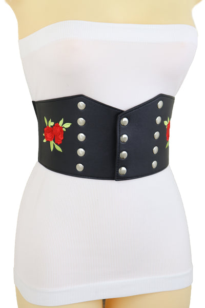 Brand New Women Wide Black Faux Leather Fashion Elastic Corset Belt Red Rose Flower S M