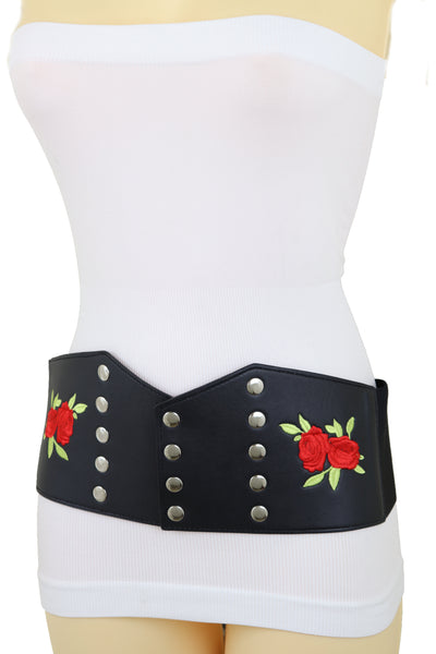 Brand New Women Wide Black Faux Leather Fashion Elastic Corset Belt Red Rose Flower S M