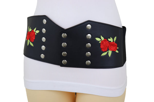 Brand New Women Wide Black Faux Leather Fashion Elastic Corset Belt Red Rose Flower S M