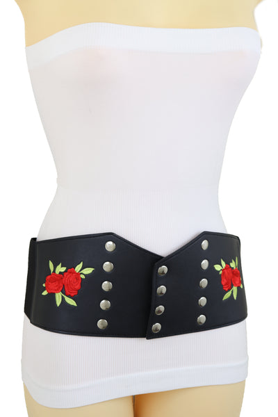 Brand New Women Wide Black Faux Leather Fashion Elastic Corset Belt Red Rose Flower S M
