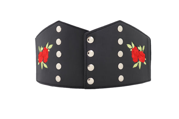 Brand New Women Wide Black Faux Leather Fashion Elastic Corset Belt Red Rose Flower S M