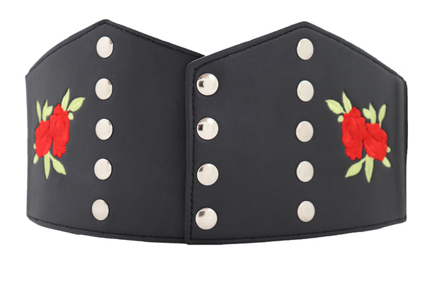 Brand New Women Wide Black Faux Leather Fashion Elastic Corset Belt Red Rose Flower S M