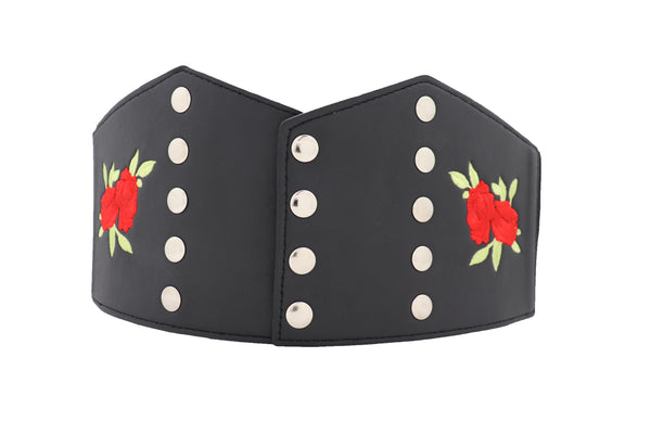 Brand New Women Wide Black Faux Leather Fashion Elastic Corset Belt Red Rose Flower S M