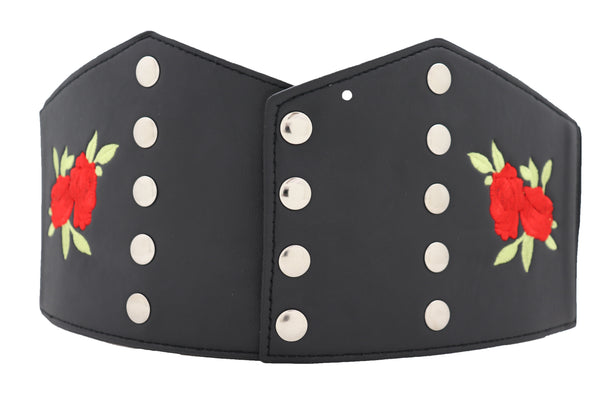 Brand New Women Wide Black Faux Leather Fashion Elastic Corset Belt Red Rose Flower S M