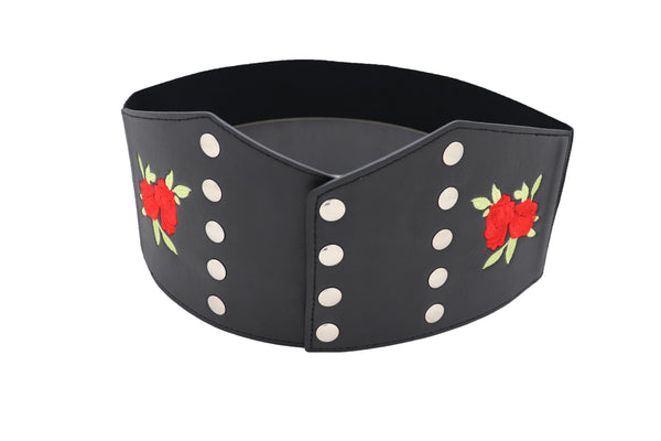 Brand New Women Wide Black Faux Leather Fashion Elastic Corset Belt Red Rose Flower S M