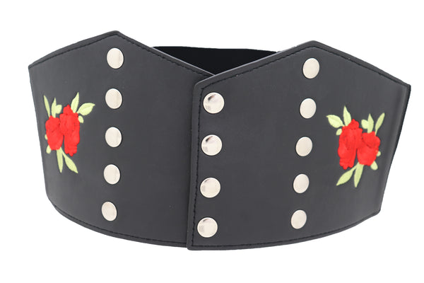 Brand New Women Wide Black Faux Leather Fashion Elastic Corset Belt Red Rose Flower S M