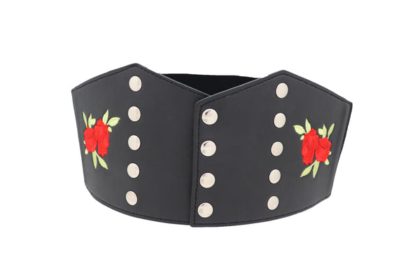 Brand New Women Wide Black Faux Leather Fashion Elastic Corset Belt Red Rose Flower S M