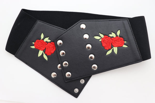 Brand New Women Wide Black Faux Leather Fashion Elastic Corset Belt Red Rose Flower S M