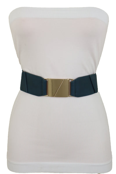 Brand New Women High Waist Hip Teal Blue Color Elastic Waistband Belt Gold Square Buckle S M L