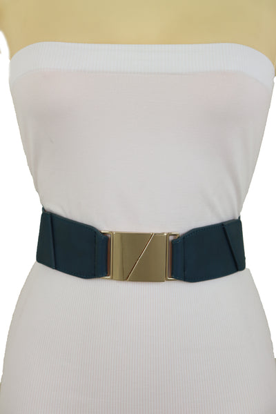 Brand New Women High Waist Hip Teal Blue Color Elastic Waistband Belt Gold Square Buckle S M L