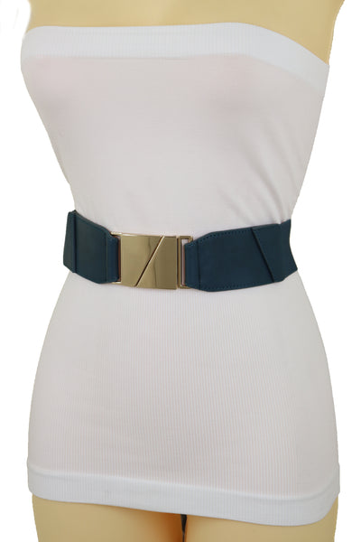 Brand New Women High Waist Hip Teal Blue Color Elastic Waistband Belt Gold Square Buckle S M L