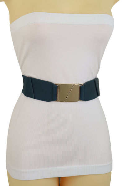 Brand New Women High Waist Hip Teal Blue Color Elastic Waistband Belt Gold Square Buckle S M L