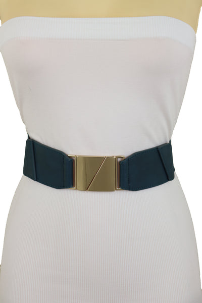 Brand New Women High Waist Hip Teal Blue Color Elastic Waistband Belt Gold Square Buckle S M L