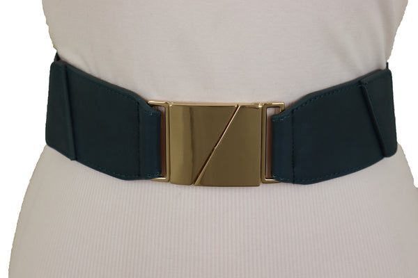 Brand New Women High Waist Hip Teal Blue Color Elastic Waistband Belt Gold Square Buckle S M L