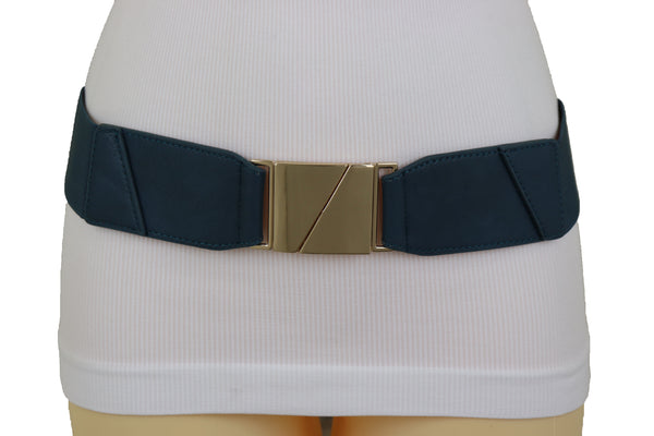 Brand New Women High Waist Hip Teal Blue Color Elastic Waistband Belt Gold Square Buckle S M L