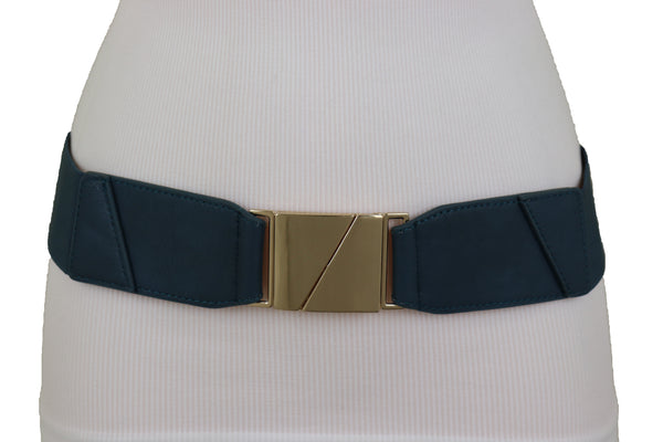 Brand New Women High Waist Hip Teal Blue Color Elastic Waistband Belt Gold Square Buckle S M L