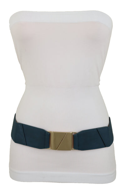 Brand New Women High Waist Hip Teal Blue Color Elastic Waistband Belt Gold Square Buckle S M L
