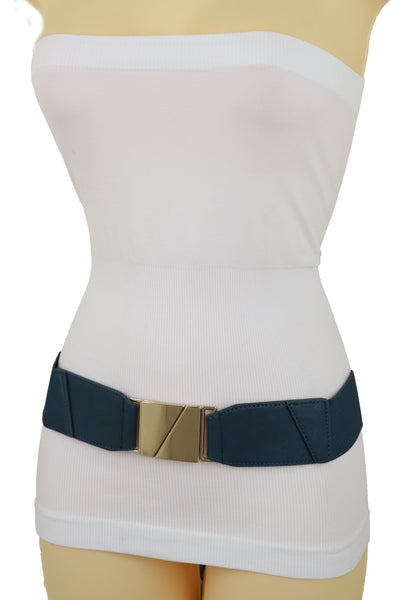 Brand New Women High Waist Hip Teal Blue Color Elastic Waistband Belt Gold Square Buckle S M L