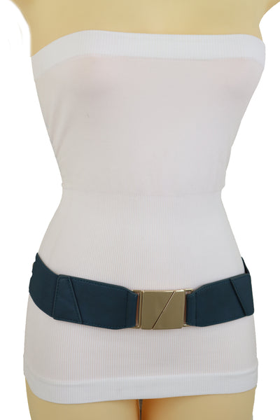 Brand New Women High Waist Hip Teal Blue Color Elastic Waistband Belt Gold Square Buckle S M L