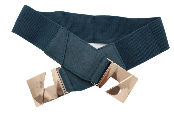 Brand New Women High Waist Hip Teal Blue Color Elastic Waistband Belt Gold Square Buckle S M L