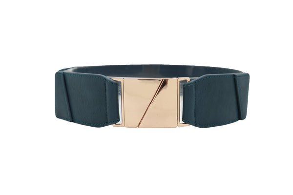 Brand New Women High Waist Hip Teal Blue Color Elastic Waistband Belt Gold Square Buckle S M L