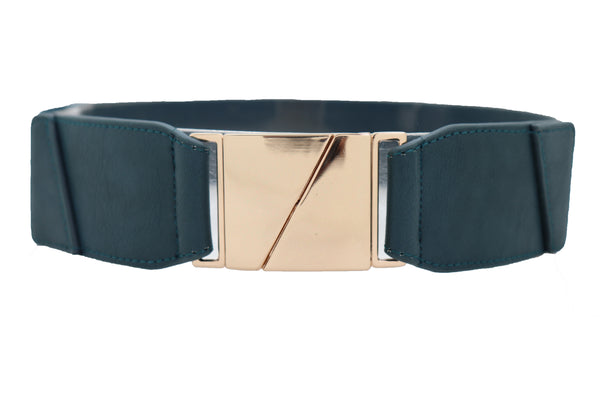 Brand New Women High Waist Hip Teal Blue Color Elastic Waistband Belt Gold Square Buckle S M L