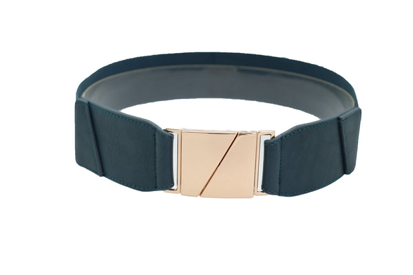 Brand New Women High Waist Hip Teal Blue Color Elastic Waistband Belt Gold Square Buckle S M L