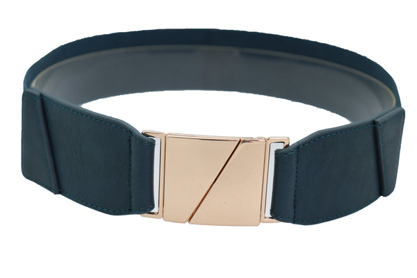 Brand New Women High Waist Hip Teal Blue Color Elastic Waistband Belt Gold Square Buckle S M L