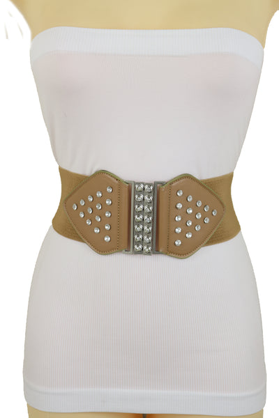 Brand New Women Wide Elastic Waistband Mocha Brown Fashion Belt Bow Bling Buckle Size S M