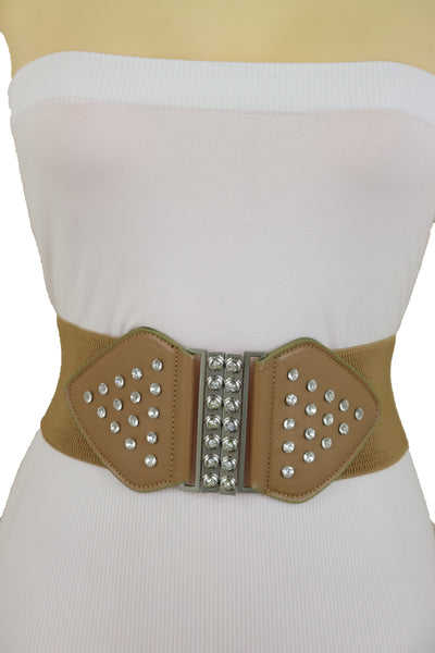 Brand New Women Wide Elastic Waistband Mocha Brown Fashion Belt Bow Bling Buckle Size S M