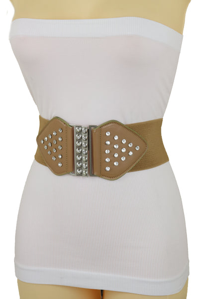 Brand New Women Wide Elastic Waistband Mocha Brown Fashion Belt Bow Bling Buckle Size S M