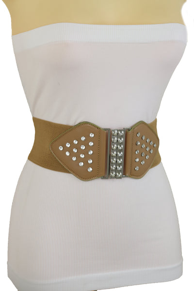 Brand New Women Wide Elastic Waistband Mocha Brown Fashion Belt Bow Bling Buckle Size S M