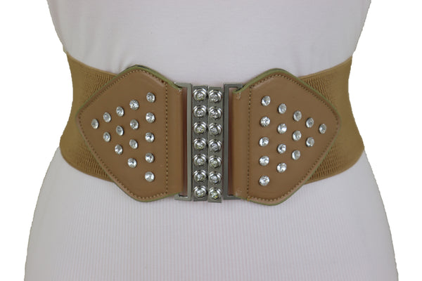 Brand New Women Wide Elastic Waistband Mocha Brown Fashion Belt Bow Bling Buckle Size S M