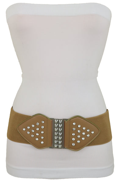 Brand New Women Wide Elastic Waistband Mocha Brown Fashion Belt Bow Bling Buckle Size S M